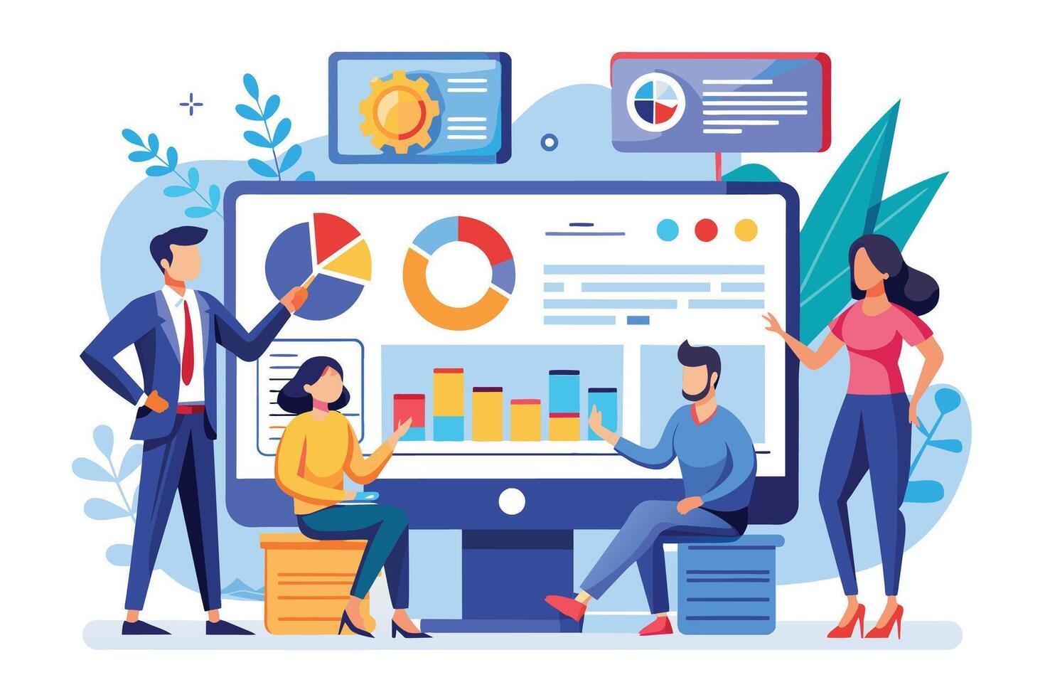 four-diverse-business-people-gathered-around-a-large-computer-screen-analyzing-charts-and-graphs-discussing-data-and-insights-free-vector